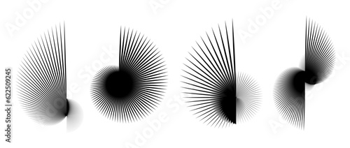 Abstract spiky elements set. Radial spiral spokes objects collection. Thin thorn semicircle shapes and angular sunburst bundle for posters, collages, decoration. Vector futuristic pack