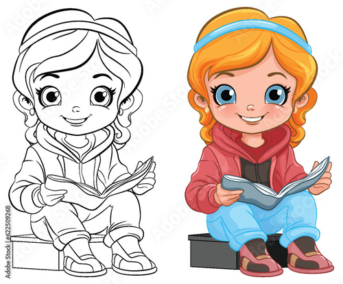 Girl cartoon reading book isolated and its doodle outline