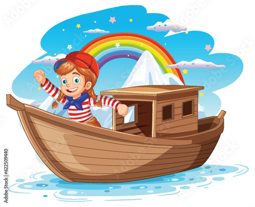 Woman on the wooden boat with rainbow on the background