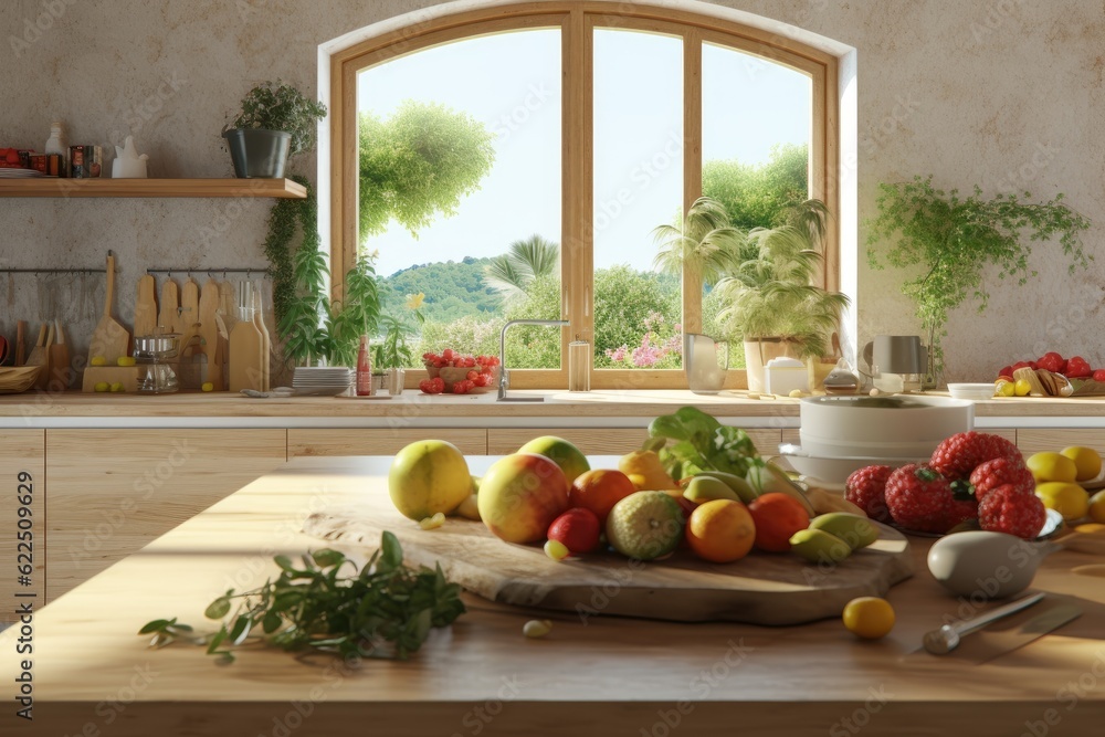Beautiful cozy chic warm spanish mexican style interior kitchen with organic sustainable furniture fruits styled shelves nature views made with generative ai Beautiful cozy chic warm spanish mexican style interior kitchen with organic sustainable furniture fruits styled shelves nature views made with generative ai