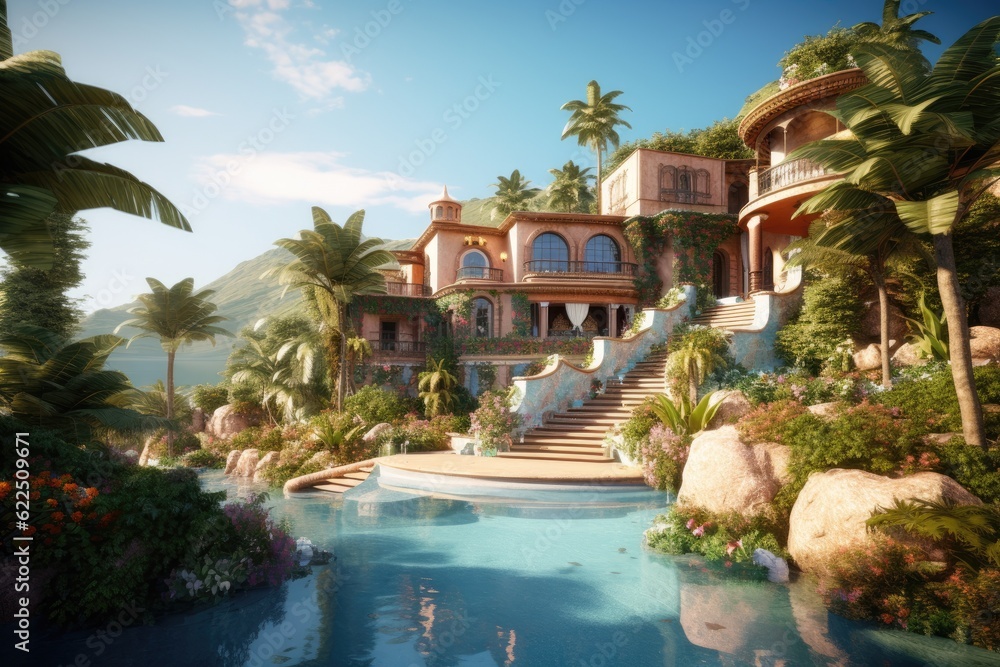 Spanish style villa resort with daylight golden hour tropical nature views with relaxing luxurious outdoor pool with organic rocks on mountain made with Generative Ai - obrazy, fototapety, plakaty 