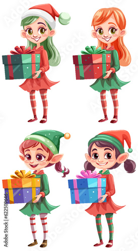 Set of cartoon character holding Christmas gift