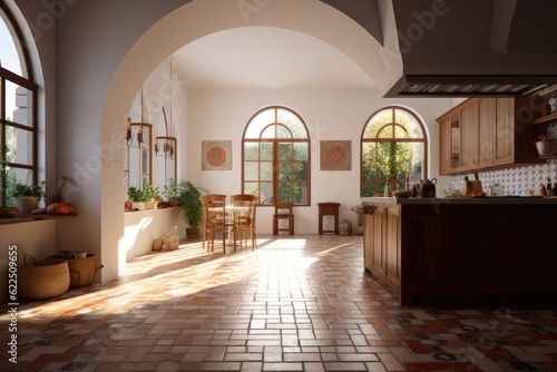 Warm cozy calm spanish modern  style interior kitchen with tile arched walls and plants windows with tropical nature backyard views made with Generative Ai