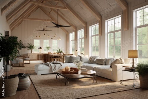 Cozy calm midcentury modern farmhouse living room family room interior with neutral white walls organic wood furniture and art with large windows vault ceilings made with Generative Ai