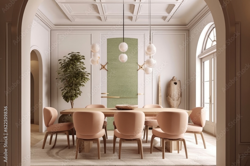 Luxurious white minimal Contemporary dining room with pop of pastel coral and mint colors pendant lighting and high ceilings professionally staged made with Generative Ai Luxurious white minimal Contemporary dining room with pop of pastel coral and mint colors pendant lighting and high ceilings professionally staged made with Generative Ai