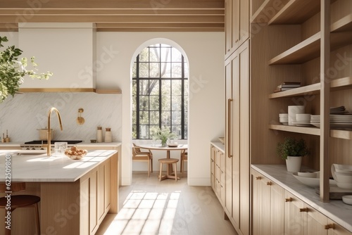 Beautiful cozy minimal mid century organic modern kitchen interior with pine teak wood accents designer finishes with black arched windowpane made with Generative Ai