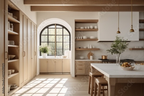Beautiful cozy minimal mid century organic modern kitchen interior with pine teak wood accents designer finishes with black arched windowpane made with Generative Ai