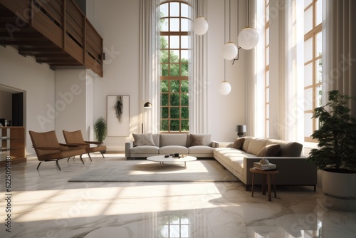 Luxurious bright beautiful modern interior with high ceilings minimal styled furniture with organic wood accents and garden nature views high contrast made with Generative Ai © Christian