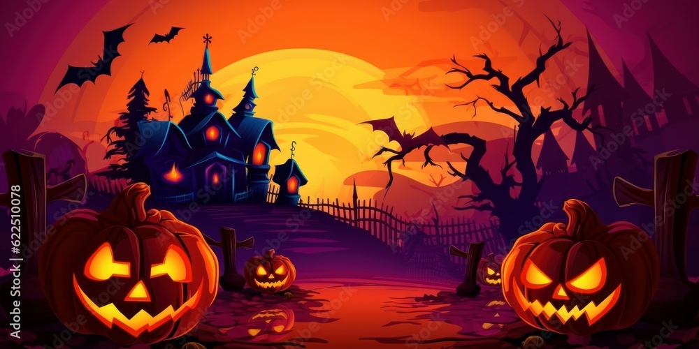Fototapeta premium Pumpkin in Spooky Night, Jack O’ Lanterns, Halloween Background For Party Invitation. Generative Ai