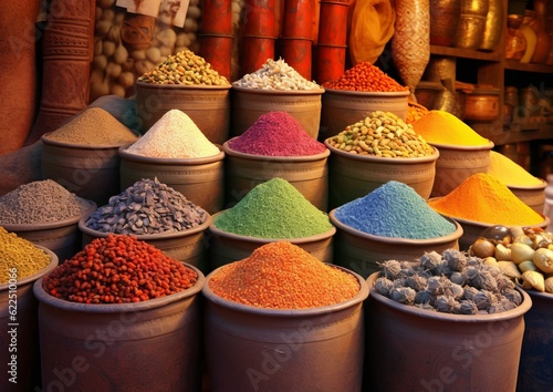 Bags full of oriental spices at a bazaar