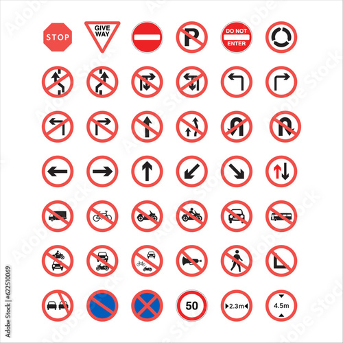 Collection of mandatory and prohibition traffic signs. Vector illustration.