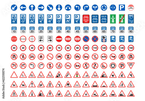 Traffic signs collection. Signs of danger, mandatory, obligations and alerts. Supplementary and routing table. Temporary traffic signs. Vector.