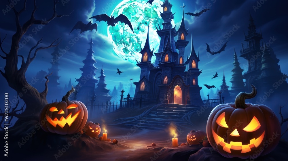 Halloween Background with Mystery Castle and Jack O Lantern Pumpkins. Generative Ai