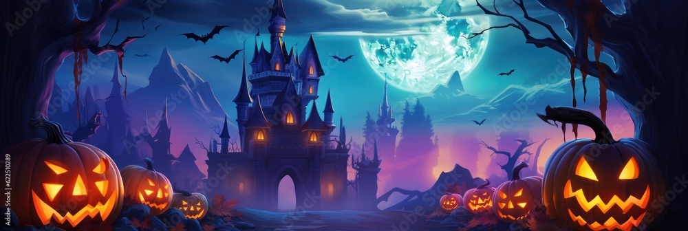 Halloween Background with Mystery Castle and Jack O Lantern Pumpkins in Spooky Night. Generative Ai Halloween Background with Mystery Castle and Jack O Lantern Pumpkins in Spooky Night. Generative Ai