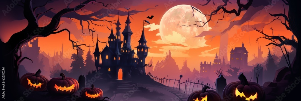 Halloween Background with Mystery Castle and Jack O Lantern Pumpkins in Spooky Night. Generative Ai