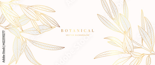 Abstract foliage gold texture vector background. Luxury leaf wallpaper of tropical, leaf branch, plants in hand drawn pattern. Botanical jungle illustrated for banner, prints, decoration, fabric.