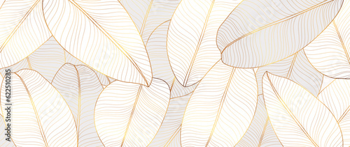 Abstract gold foliage line art vector background. Leaf wallpaper of tropical leaves, leaf branch, plants in hand drawn pattern. Botanical jungle illustrated for banner, prints, decoration, fabric.