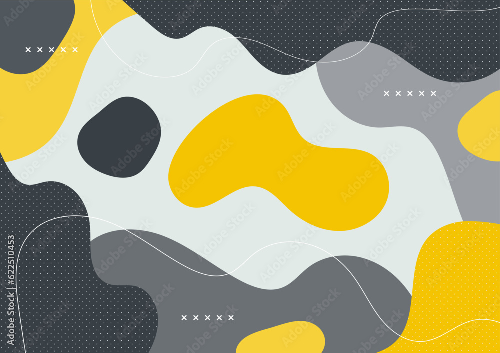 Abstract yellow and gray organic shapes on a soft gray background. Flat design and decorate with white lines and dots pattern for the banner template.