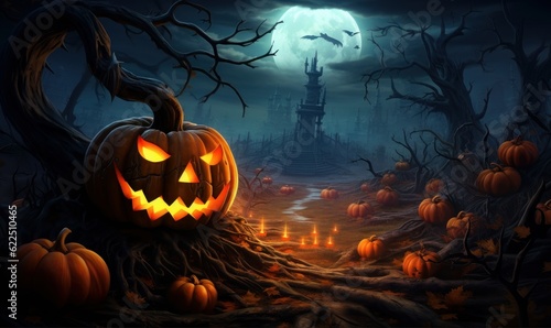 Jack O Lantern Pumpkins in Spooky Night, Halloween Party Celebration Background. Generative Ai