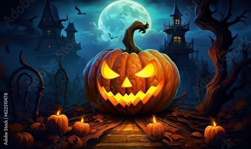 Jack O Lantern Pumpkins in Spooky Night, Halloween Party Celebration Background. Generative Ai © CYBERUSS