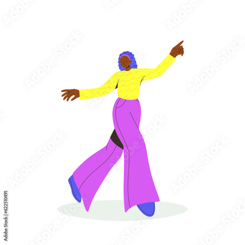 Young black-skinned woman in trendy colorful flat style. Vector illustration. Funny character. Dynamic pose. Student in school or university. International day of young people