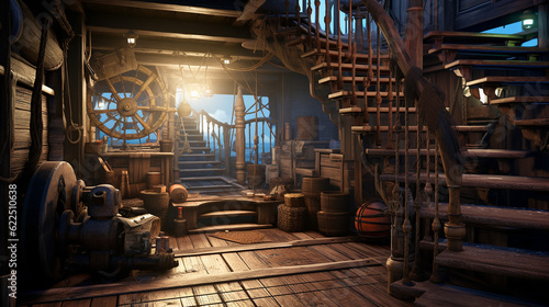 Deck of a pirate ship with a door to the captain's. © Aura