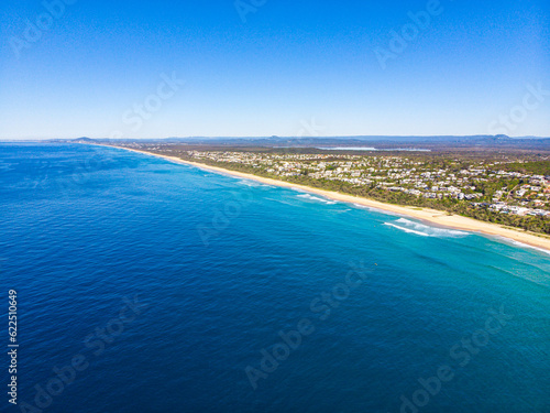 aerial panorama of beautiful coast of noosa national park; unique sandy beaches, cliffs and little bays with turquoise water near sunshine coast in south east queensland, australia 