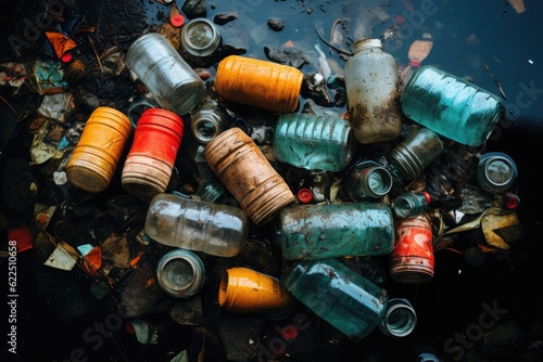 Full frame image of Used plastic bottles and tin cans in a sewer background