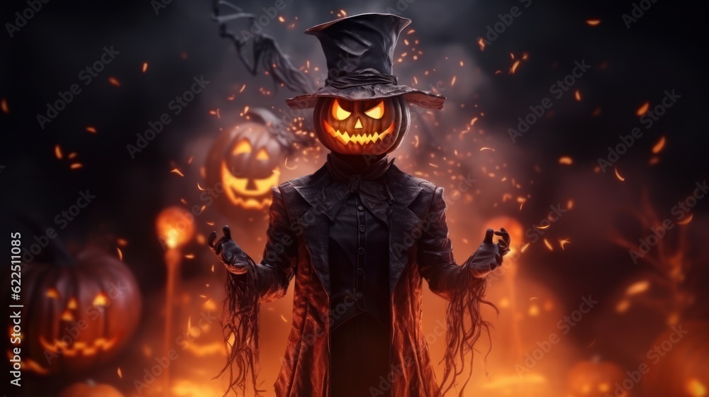 Obraz premium Scary Halloween Character Celebrating Halloween Party on Spooky Night Background. Generative AI