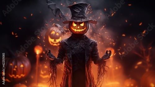 Scary Halloween Character Celebrating Halloween Party on Spooky Night Background. Generative AI