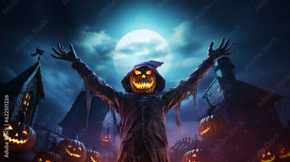 Scary Halloween Character Celebrating Halloween Party on Spooky Night Background. Generative AI Scary Halloween Character Celebrating Halloween Party on Spooky Night Background. Generative AI