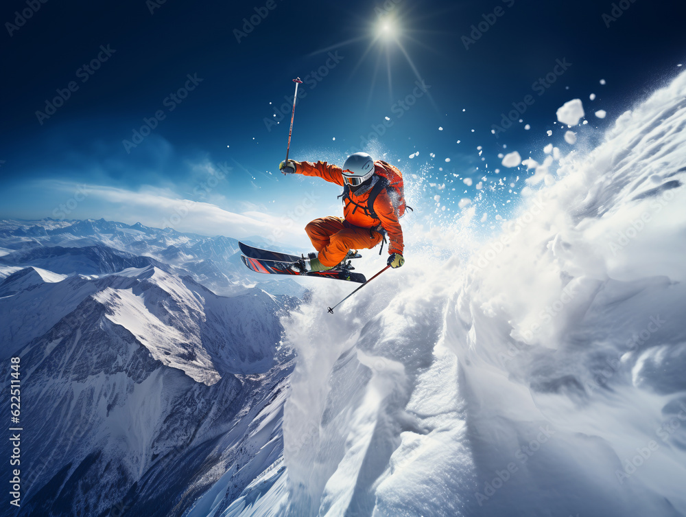 skier jumping high up on the snowy mountain