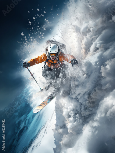 Skier skiing in the snowing mountain doing jumping stunts