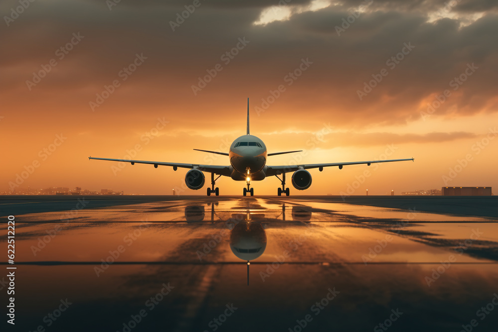 Airplane on runway, front view of an aerial passenger ship at sunset Airplane on runway, front view of an aerial passenger ship at sunset