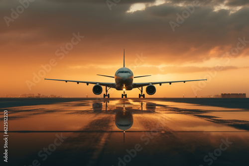 Airplane on runway, front view of an aerial passenger ship at sunset