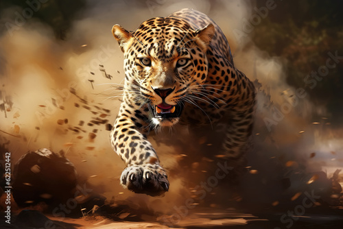 Attacking running leopard, an aggressive dangerous predator hunts in the dust