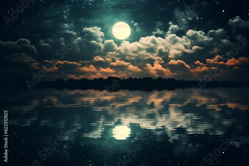 Big full moon with reflection on water ocean, romantic and scenic panorama full moon on sea to night, sky cloud bright full moon over seascape, moon rising over empty ocean, horizon 昇る満月満月が海に光の道を輝かせる