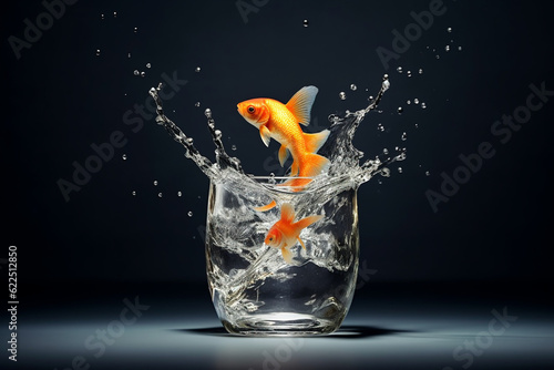 Fototapeta Goldfish jumping out of the water glass on black background, art photography, go