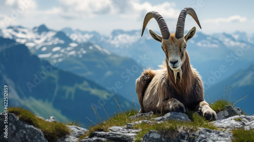 a billy goat in the alps on a mountain. Generative AI photo