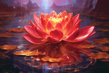 close-up colorful pink lotus flowers in the morning with dew, red shining lotus water lily blooming on the water magical spring, summer dreamy background, water lilies