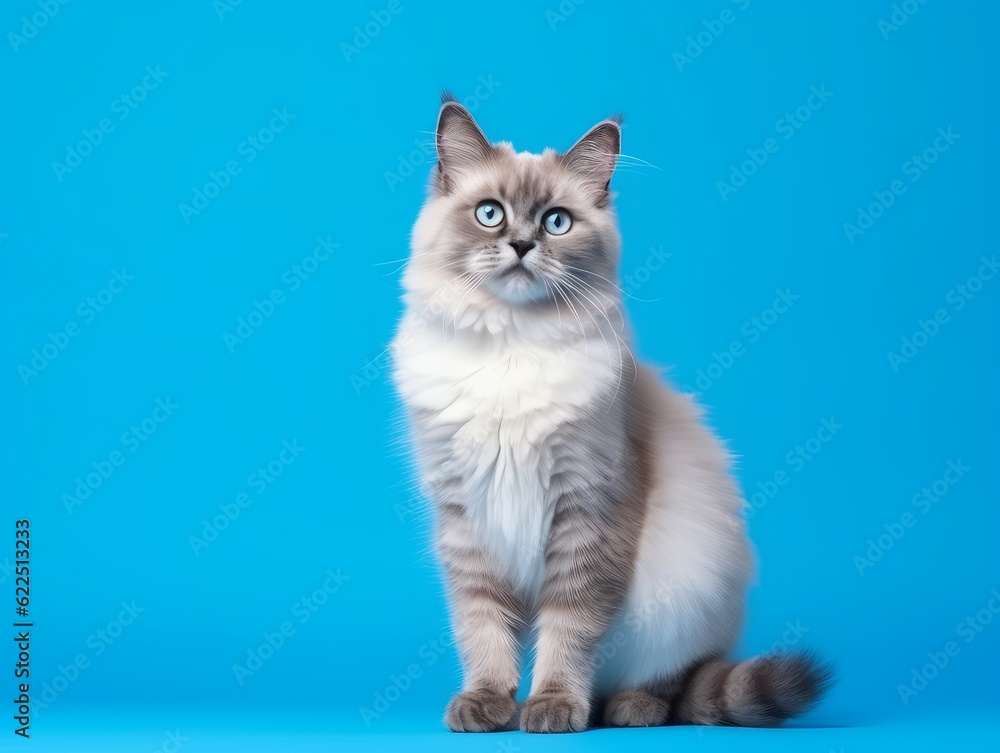 a cat standing isolated in a blue background a cat standing isolated in a blue background