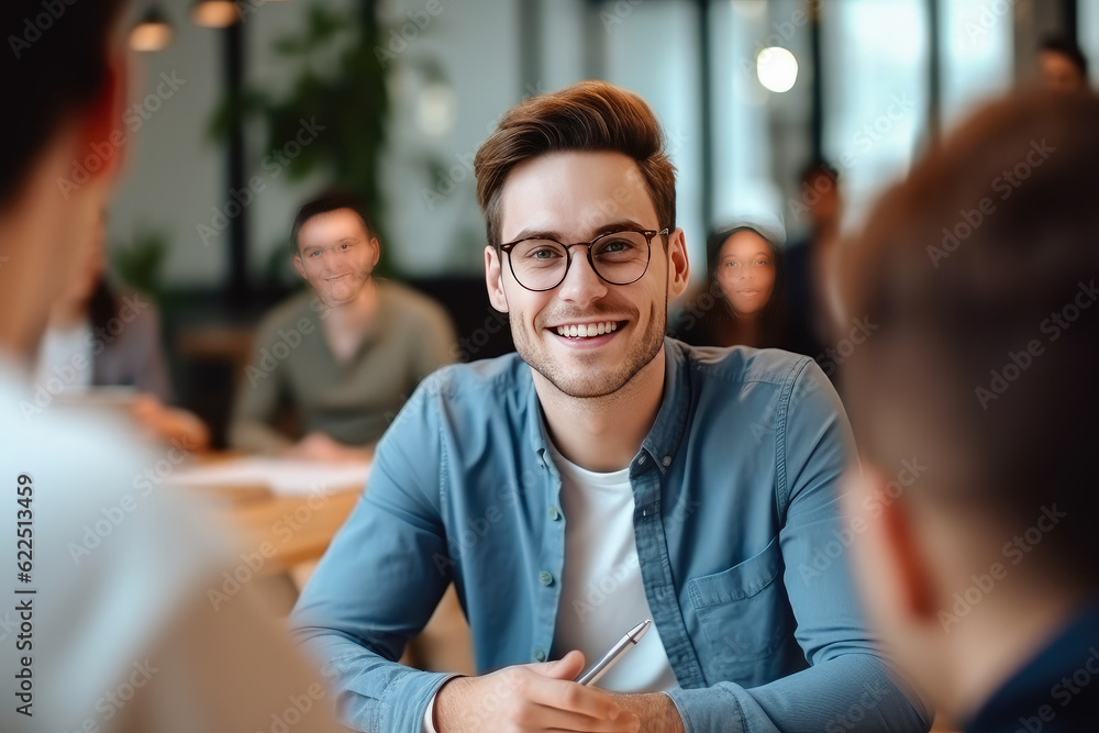 Happy businessman at work desk in coworking space for performance of professional skills recognition promotion , Created with Generate Ai Technology Happy businessman at work desk in coworking space for performance of professional skills recognition promotion , Created with Generate Ai Technology