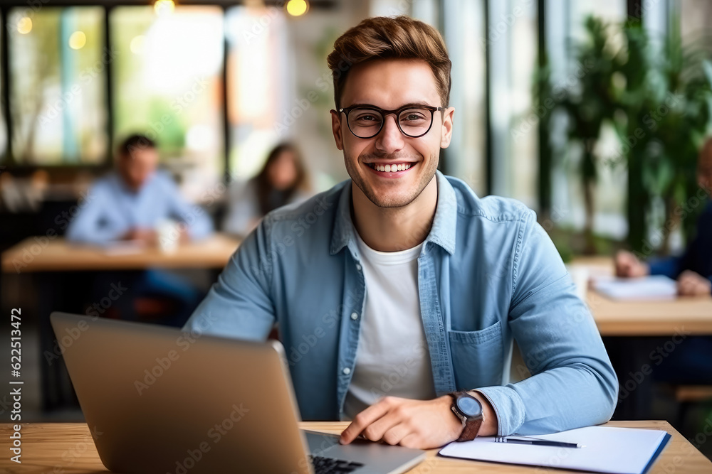 Happy businessman at work desk in coworking space for performance of professional skills recognition promotion , Created with Generate Ai Technology Happy businessman at work desk in coworking space for performance of professional skills recognition promotion , Created with Generate Ai Technology