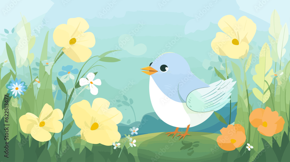 Vector illustration of cute bird and flower field. Vector illustration of cute bird and flower field.