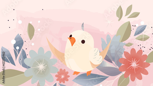 Vector illustration of cute bird and flower field.