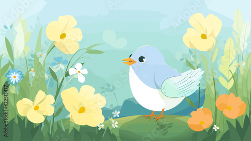 Vector illustration of cute bird and flower field. © DRN Studio