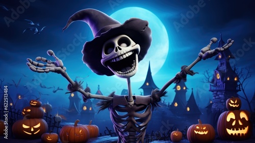 Happy Skeleton Celebrating Halloween Party on Spooky Night Background. Generative AI