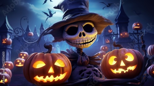 Happy Skeleton Celebrating Halloween Party on Spooky Night Background. Generative AI © CYBERUSS