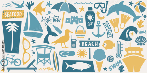 Beach Symbols and Icons | Retro Summer Vacation Illustration | Family Vacation Design | Vector Coastal Graphic | Oceanic Collection