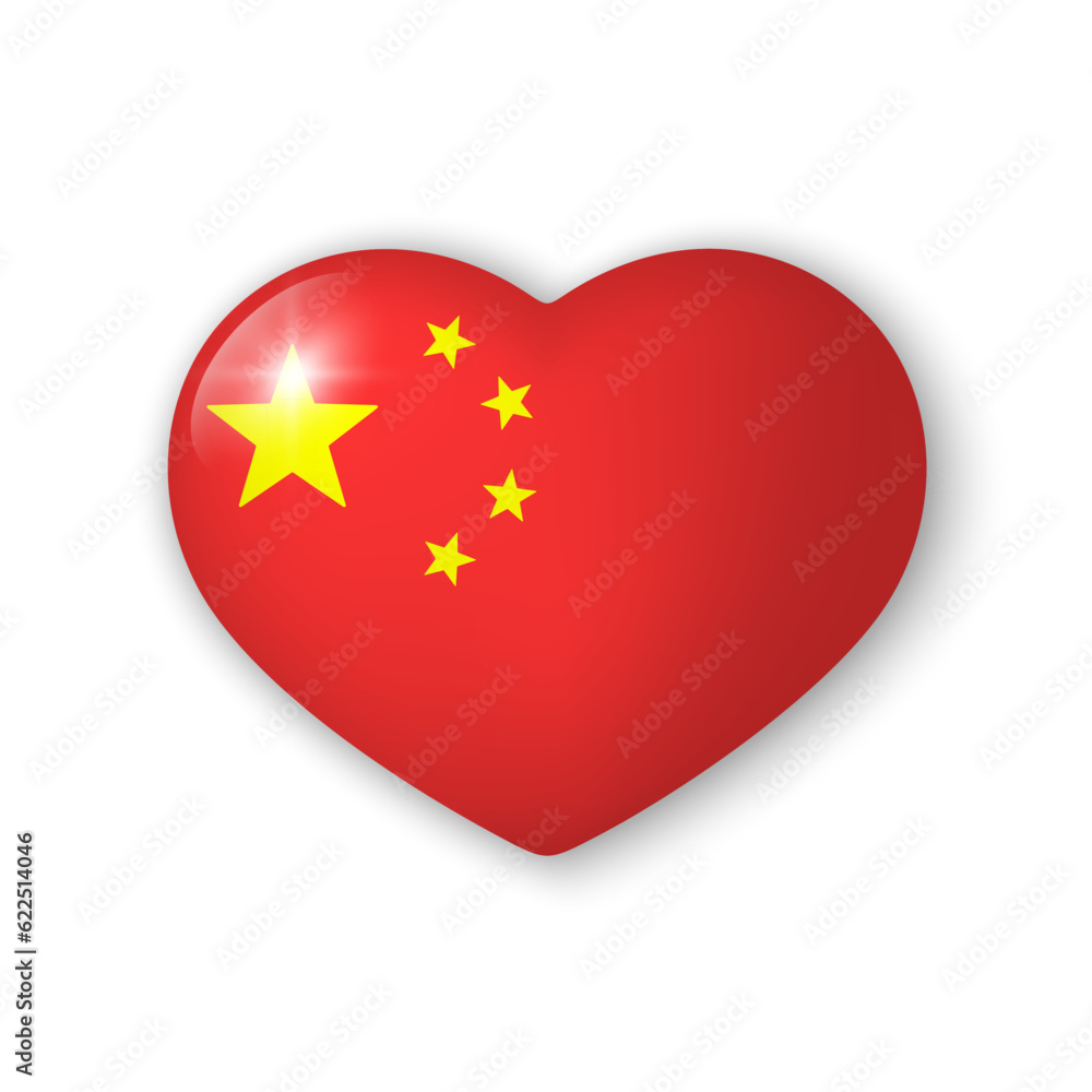 3d heart with flag of China. Glossy realistic vector element on white background with shadow underneath. Best for mobile apps, UI and web design. 3d heart with flag of China. Glossy realistic vector element on white background with shadow underneath. Best for mobile apps, UI and web design.